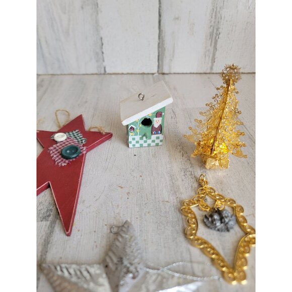 Vintage star tree golden trim variety ornament Xmas set birdhouse - Picture 4 of 9